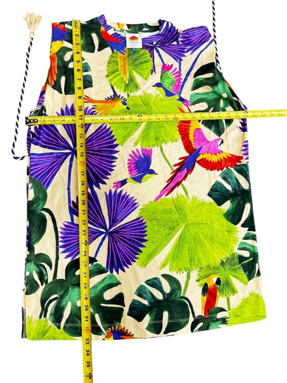 FARM Rio Tropical Macaw Print Mini T Shirt Dress Green, Purple, Cream Sz Medium - Picture 15 of 15